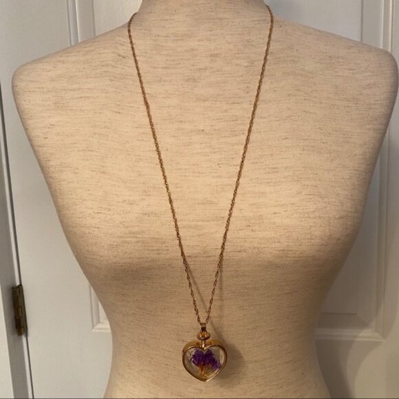 NECKLACE GOLD TONE ROPE CHAIN PENDANT HEART PURPLE FLOWER KEEPSAKE - Picture 2 of 12